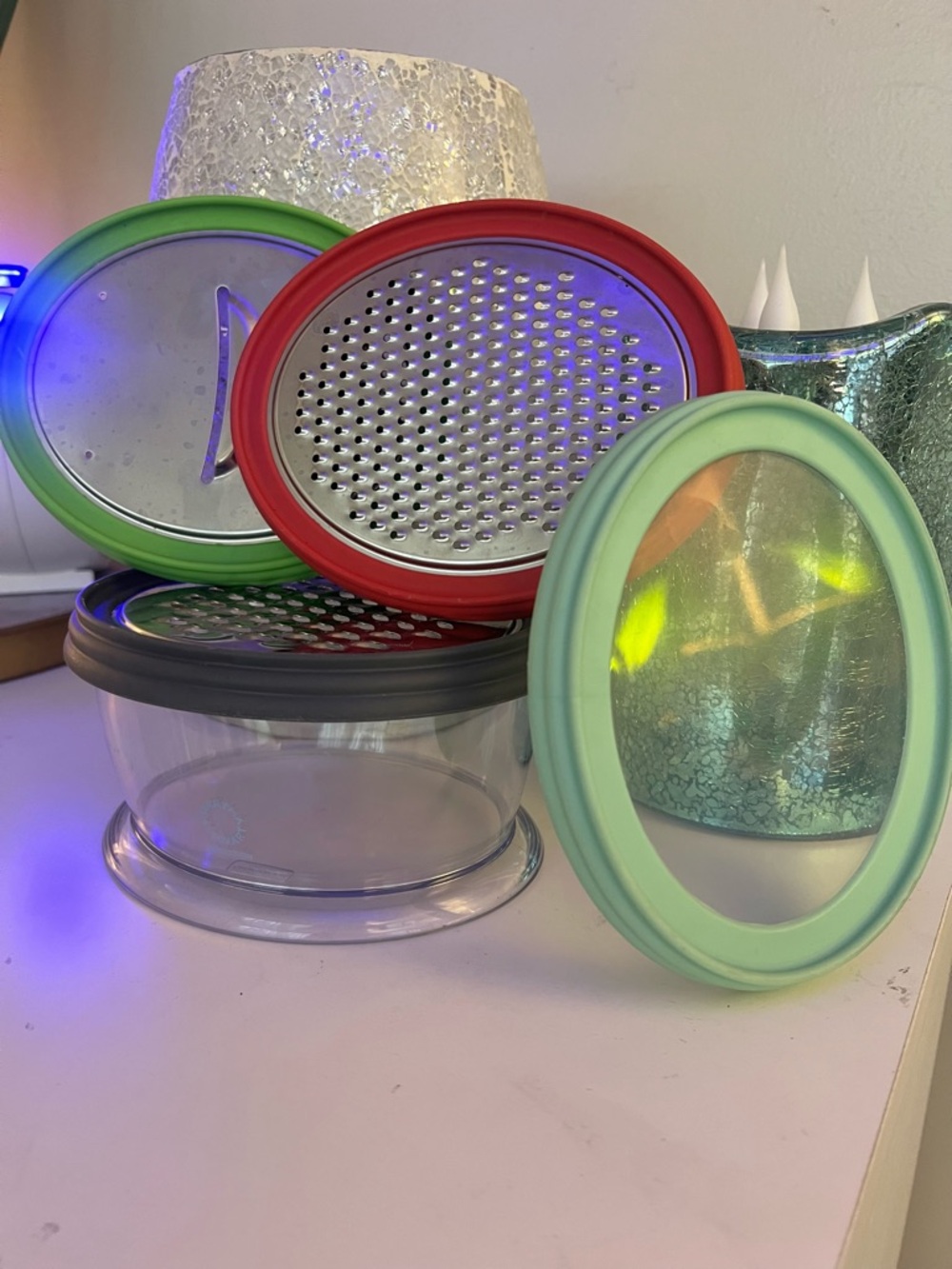 MARTHA STEWART Collection Plastic Measuring Cup Bowl w 3 Shred Slice Grater Lids
